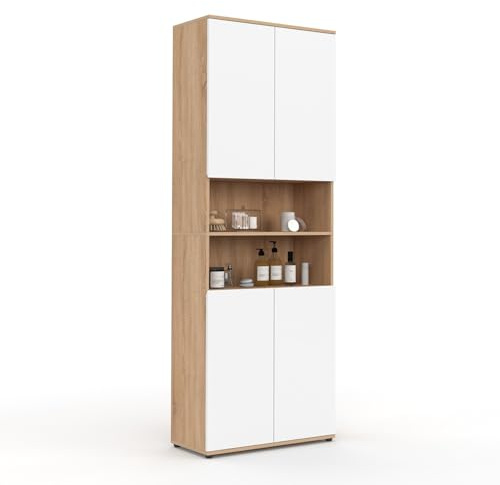 IDMarket - Meuble Armoire Colonne Salle de Bain TOMI 4 Portes 2 niches façon hêtre et Blanc