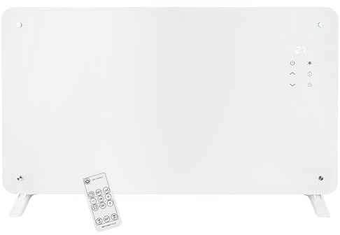 EMERIO Elektriskt element med glaskonvektor, 76,5 x 47 cm, fjärrkontroll, elektrisk golv- eller väggvärmare, LED-display, 10–35 °C, termostat, 24 h timer, 2 000 W, IP24 GR