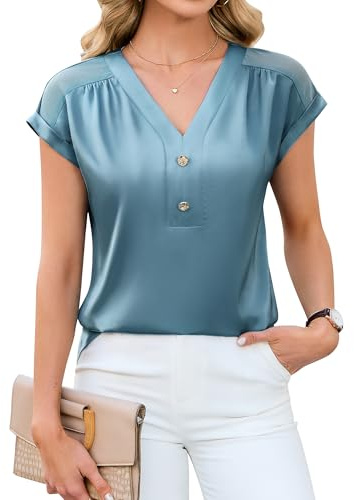 Blooming Jelly Womens Dressy Business Casual Blouse Lace Short Sleeve Satin Silk Work Shirt Summer Tops 2026 (Turquoise,S)