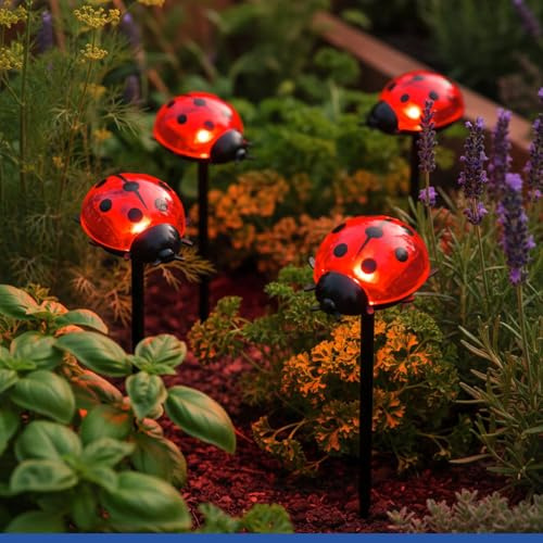 Maximex Picchetto da giardino LED coccinella, set da 4, sensore crepuscolare, resistenti alle intemperie, lampara solare per aiuole e vasi, ciascuno 8 x 14 x 6 cm, plastica
