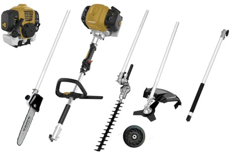 BRICOGARDEN | Desbrozadora multifunción | 1,6 HP - 1,2 KW | 125 ML | 35,3 CC | Ø Barra 26 MM | Ø Corte [Nylon] 450 MM | Ø Corte [Disco 3 Puntas] 255 MM | Longitud de Corte [Cortasetos] 400 MM
