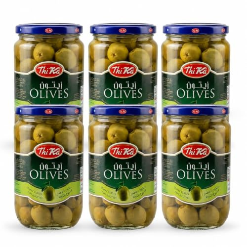 THIKA Olives Vertes Dénoyautées 635g – Pack de 6 Bocaux en Verre – Olives Prêtes à Déguster – Idéal Apéritif, Salades, Pizzas et Tajines