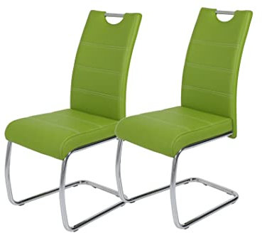 Hela Tische 2er Set Schwingstuhl, Küchenstuhl Flora, Kunstleder Grün, Griffmulde, Metallgestell verchromt, 42x57x98 cm