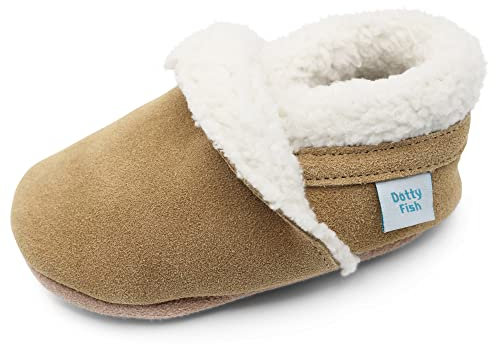 Dotty Fish Barfuß-Hausschuhe aus Wildleder für Babys und kinder – Fleecegefütterte Winterhausschuhe für Jungen und Mädchen. Rutschfeste Sohle, von Podologen empfohlen – Hellbraun 18-24 Monate