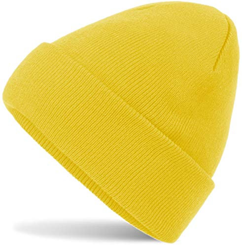Hatsatar Unisex warme Beanie Strickmütze | Wintermütze für Damen & Herren | Feinstrick Mütze doppelt gestrickt | warm & weich (Yellow)