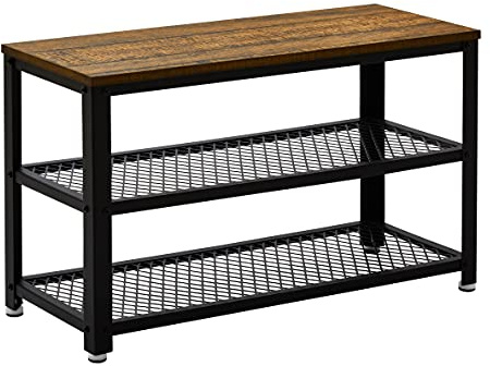 Mondeer Meerveil Shoe Bench, Shoe Rack with 2 Metal Mesh Shelves Industrial Design for Living Room Hallway Entryway, 73 x 30 x 45 cm, Rustic Brown