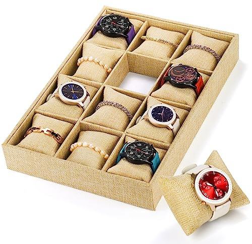 Hedume Burlap Jewelry Display, 12 Slot Sackcloth Watch Jewelry Bracelet Tray, Linen Watch Large Holder Box Display Case Organizer with 12 Grid Pillow for Men and Women