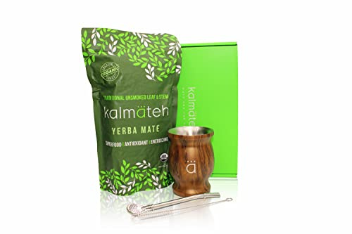 KALMATEH Traditional Yerba Mate Starter Set– Double Walled Stainless Steel Mate Gourd Cup with BPA Free Lid, Bombilla/Bombilla Cleaner & Organic Unsmoked Yerba Mate (Wood)