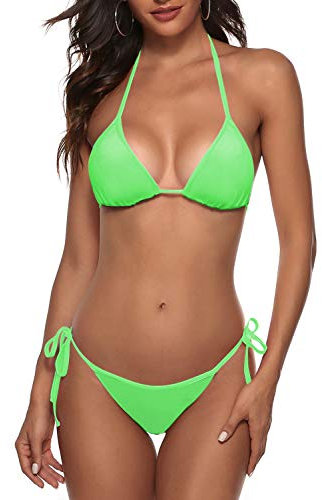 Zuvebamyo Frauen Zweiteiliger Bikini Badeanzug Sexy Badeanzüge Halfter Dreieck Tops String Bikini Sets, neon Green, S