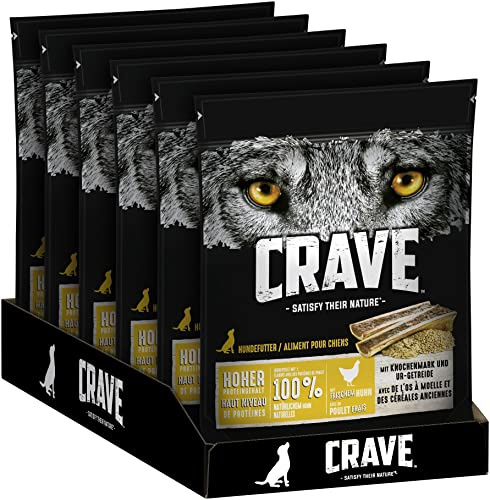 Crave Premium torrfoder kyckling med benmärg och urspannmål för hundar – spannmålsfri vuxen hundmat med hög proteinhalt – 6 x 1 kg