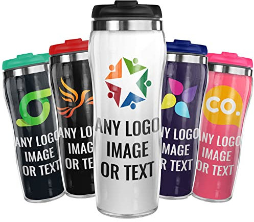 Pixly® Personalised Custom Logo Business Thermal Travel Mug - 400ml/14oz Capacity - Stainless Steel Photo Coffee Tea Flask with Picture - Black, Red, Blue, Pink (1)