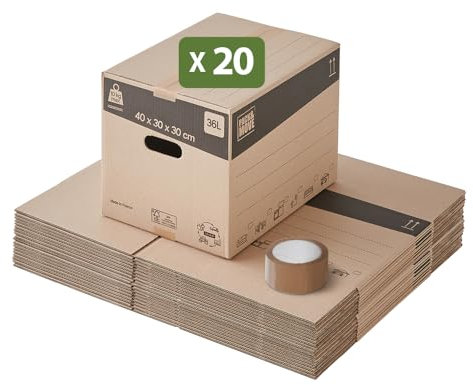 Pack and Move – Set mit 20 Umzugskartons zur Buchaufbewahrung – 40 x 30 x 30 cm – Verstärkte Griffe – 1 gratis Kleber