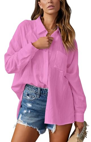 NONSAR Damen Bluse Elegant V-Ausschnitt Hemd Bluse Langarm Causal Lässige Hemden Fahion Oberteile Tunika Elegant Tops mit Tasche(9360S,Rosarot)