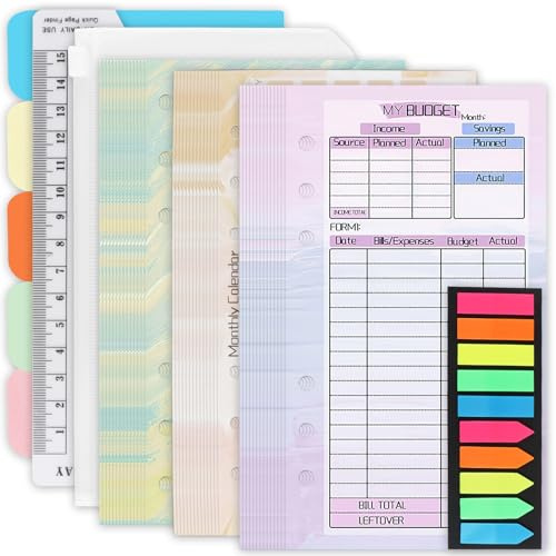 A6 Binder Planner Inserts, Monthly Weekly Planner Refills Budget Sheets, Colored Index Stickers, Binder Pockets and Today Ruler, Index Paper Divider, for A6 Binder Planner Accessories(6 Hole)