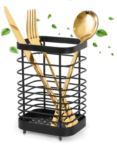 Figarge Küchenutensilienhalter für die Edelstahl zur Aufbewahrung von Messern, Gabeln, Löffeln und Stäbchen in der Küche 10x7,5x15 cm Besteckkörb schwarz