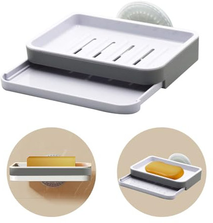 Double Layer Soap Dish for Shower, Wall Mounted Bar Soap Holder Suction Cup 2 Layer Self Draining Soap Case Sponge Holder for Shower Bathroom, Tub and Kitchen Sink, Drill-Free Tray