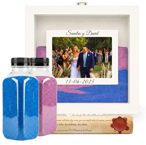 NIRALIS Marco Ceremonia Arena Personalizable de Madera lacada con arena decorativa color Azul y Morado, para Ritual Arena boda Kit, con Marco de fotos10x15, 2 botes de 800g… (Blanco - Azul/Morado)