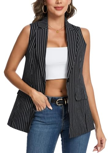 LADI TREND Black Sleeveless Blazer Women Office Waistcoats V-Neck Slim Fit Gilet (Stripe-black white XXL)