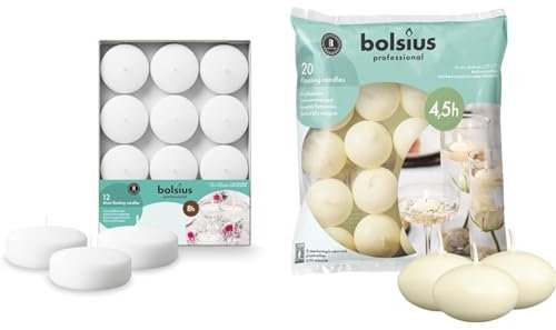 Bundle of Bolsius - Candele galleggianti Maxi - Bianco - 12 pezzi in una scatola - Ø 7,6 cm - Tempo di combustione 8 ore + Bolsius - Candele galleggianti Avorio - 20 Pezzi - Durata: fino a 4,5 ore