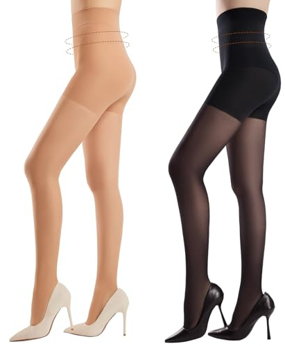 Yilanmy 2 Pairs High Waist Control Top Pantyhose for Women,30D Sheer Tummy Control Tights Shaping Nylon Stockings
