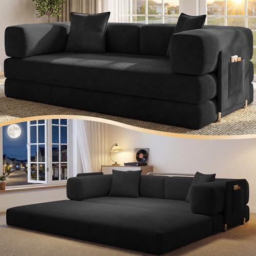 CUBENTE 78.8 Convertible Sofa Bed,Corduroy Futon Couch with Storage Pocket,Folding Pull Out Futon Sofa, No Assembly Boneless Couch for Living Room,Black