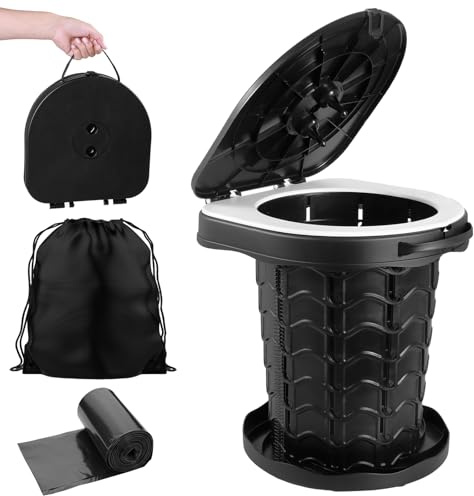 Collapsible Portable Toilet with Odor-Lock Lid - 1-Minute Setup Adjustable Height (2.95in-13.58in) 400lbs Capacity, Backpack-Friendly 3-in-1 Camp Potty for Camping, Hiking, Car, RV & Emergency Use