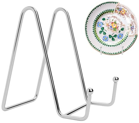 Fulushouxi Soporte platos decorativos, 11 cm porta fotos, soporte de caballete para cuadros, Caballete de exhibición de metal para libros, mesa y marcos de fotos (color plateado)