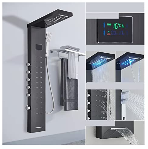 Duschpanel i rostfritt stål tornsystem Led duschpanel 5 funktion Badrum Duschkran Väggmontering Svart kall och varm duschpelare(8013 black)