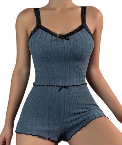 DURINM Pigiama Donna Estivo in 2 Pezzi Pigiama Corto Senza Maniche Sexy Morbido e Confortevole Sexy Biancheria da Notte Estiva Pantaloncini Negligee S-XL