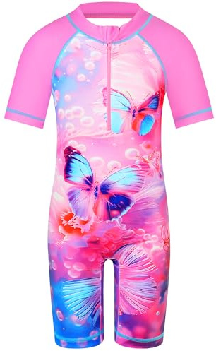 HUAANIUE Girls Swimwear Shorts Kids Pink One Piece Swimsuit Long Children Swimming Costume 4-12Y Black Sunsuit with Headband（CPinkButterfly,10A）