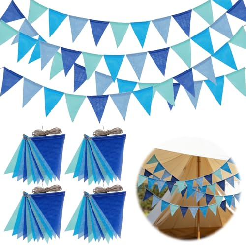 48 Stück Wimpelkette Outdoor Blau, Wimpel Girlande Wimpelkette Outdoor Wetterfest, Girlande Wetterfest, Wimpelgirlande Wimpelketten Blau für Outdoor Geburtstag Babyparty Gartenparty Kinderzimmer Deko