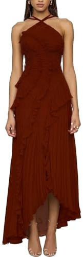 Vestido largo con volantes y pliegues para mujer, vestido de gasa largo sin mangas, con cuello halter, volantes escalonados, vestido largo de fiesta para invitada de boda, granate, L