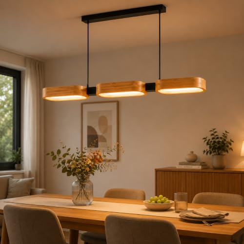 LED Pendelleuchte Holz für Esstisch, Esszimmerlampe 3-Flammig Dimmbar mit Fernbedienung, Moderne Hängeleuchte für Küche, Esszimmer & Wohnzimmer, 25W 2500lm, 3000–6500K, Timer & Memory Funktion