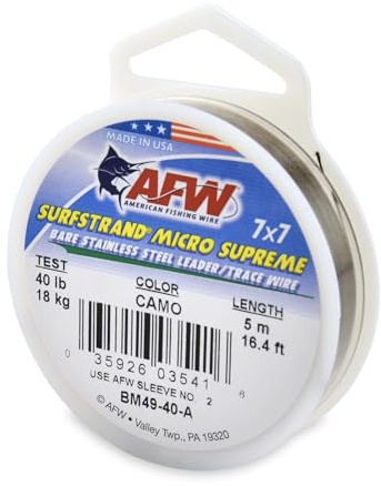 American Fishing Wire Surfstrand Micro Supreme, Bare 7x7 Stainless Steel Leader Wire, 40 lb Test, 0.018 Diameter, Camo, 5m