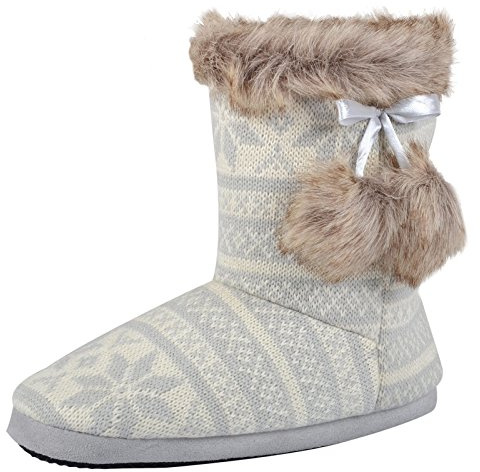 Autumn Faith Ladies Grey Knitted Fairisle Bootie Slippers with Faux Fur Pompoms - UK 5