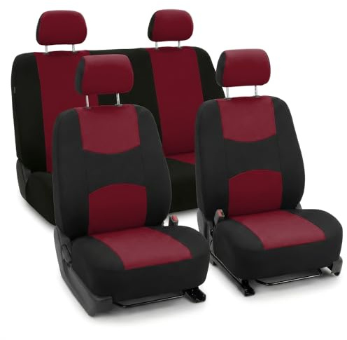 FH Group Bright Flat Cloth Full Set Car Seat Covers, Burgundy/Black- Fit Most Car, Truck, SUV, or Van