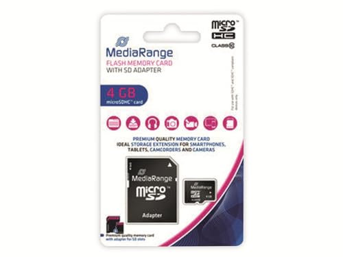 MediaRange Micro SDHC Speicherkarte mit SD Adapter 4GB - Geschwindigkeit Klasse 10, Lesegeschwindigkeit bis 15 MB/s, externer Datenspeicher für Mobile Endgeräte wie Digitalkameras oder Smartphones