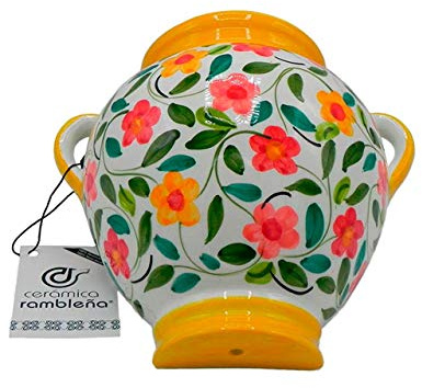 CERÁMICA RAMBLEÑA | Maceta Colgante orza | Maceta de Barro para Colgar | Maceta Pared | Amarillo y Blanco | 100% Decorada a Mano | 20x20x14 cm