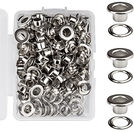 KIMI-HOSI 100 Set Oeillets 5mm en Cuivre et Argent avec Rondelles Grommets pour Chaussures, Vêtements, Chapeaux, Sacs à Main