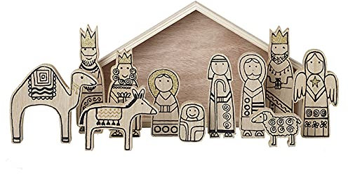 Heaven Sends Traditional Nativity Set - Wooden Figures in wooden stable storage box