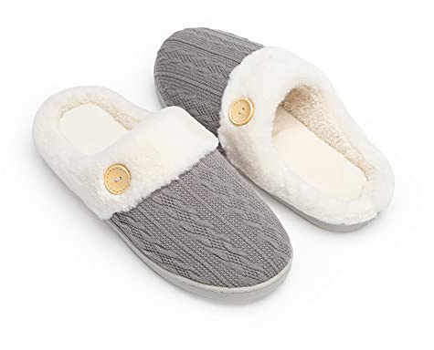 Chantomoo Kvinnor hus tofflor bekväma minnesskum plysch sovrum fuskpäls fodrade stickade varma tofflor slip-on lätta skor, inomhus utomhus halkfri gummisula mysig, Mörkgrå, 36/37 EU