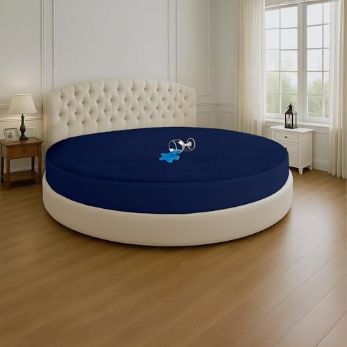 SGI Bedding Waterproof Round Mattress Protector 76 Diameter– 15 Deep Pocket Fitted Style Terry Cotton Mattress Pad Cover, Soft, Breathable & Noiseless, Spills & Stains Bed Protection – Navy Blue