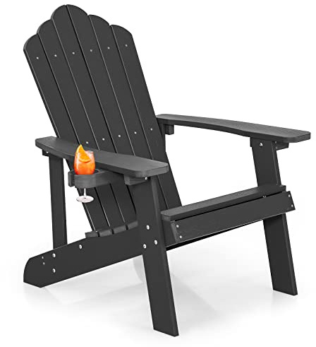 KOMFOTTEU Adirondack-stol med mugghållare, trädgårdsstol med ryggstöd och armstöd, trädgårdsfåtölj, väderbeständig och ergonomisk, relaxstol upp till 170 kg för balkong, trädgård, strand (svart)