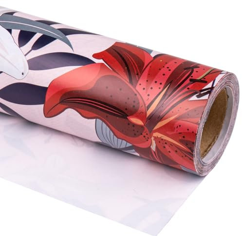 RUSPEPA Geschenkpapierrolle – Mini-Rolle – rotes und weißes Blumendesign, ideal für Geburtstag, Party und Babyparty – 43,2 cm x 10 m