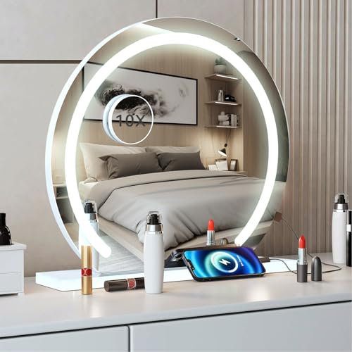 Fullwatt Schminkspiegel mit Beleuchtung, 50 cm Hollywood Spiegel mit LED Licht, 3 Farbtemperatur Licht, Touch Control, Tischplatte oder Wandhalterung für Schlafzimmer Schminktisch