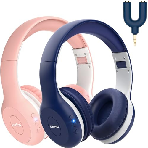 Kids Wireless Foldable Headphones with Microphone, Hi-Fi Stereo Sound, 40H Playtime, 85/94dB Volume Limited, Over Ear Headphones for Tablet, Blue Pink Two Pieces
