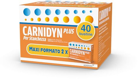 Carnidyn Plus Integratore Alimentare con Carnitina, Zinco e Vitamina B5, Supporto per Stanchezza Fisica, Mentale e Stress, 2 x 20 bustine, Gusto Arancia