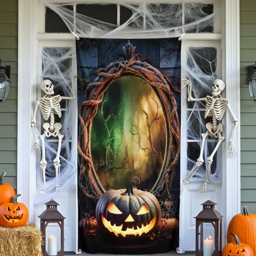 Halloween Door Banner, Halloween Door Decoration Pumpkin Magic Mirror, Large Fabric Door Cover Backdrop, Vine Mirror Party Decoration Background for Indoor Outdoor 185 x 90 cm