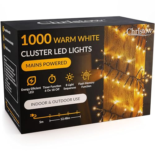 CHRISTOW 1000 LED Cluster Christmas Tree Lights, Warm White Fairy Lights with Timer, 8 Light Modes, Energy Efficient 3mm Micro LEDs, Indoor & Outdoor, Mains Powered, Green Cable, 12.48m Lit Length