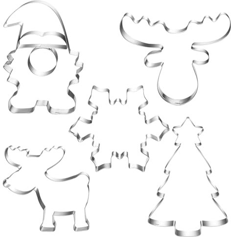 Ausstechformen Weihnachten, 5 Stück Plätzchen Ausstecher, Keksausstecher Edelstahl, Ausstecher Wichtel, Elchkopf Plätzchenausstecher Set, Cookie Cutter für Backen Fondant Torten